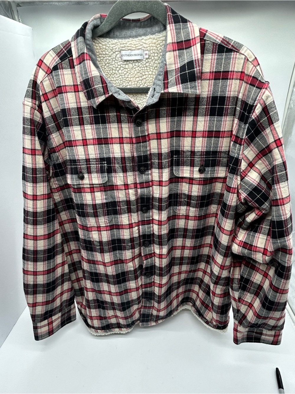 Southern Proper Men’s Black, Red & Cream Plaid Sherpa-Lined Button Shirt